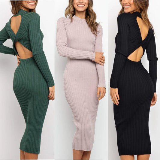 Bow Back Solid Sweater Dress for Women - Aetheroza