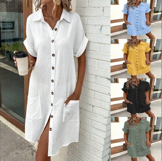 Button - Up Short - Sleeve Shirt Dress with Pocket for Women - Aetheroza