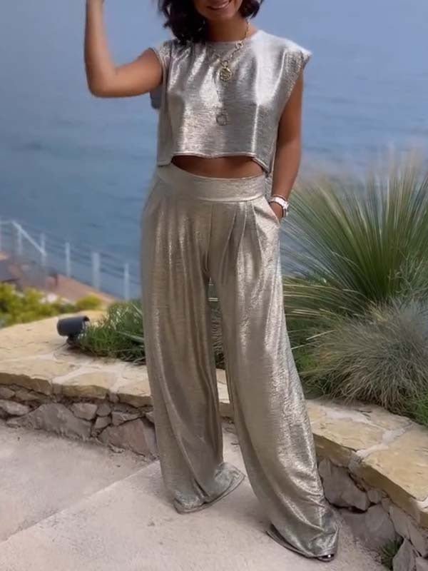 Chic Glossy Vest and Wide - Leg Pants Ensemble for Women - Aetheroza