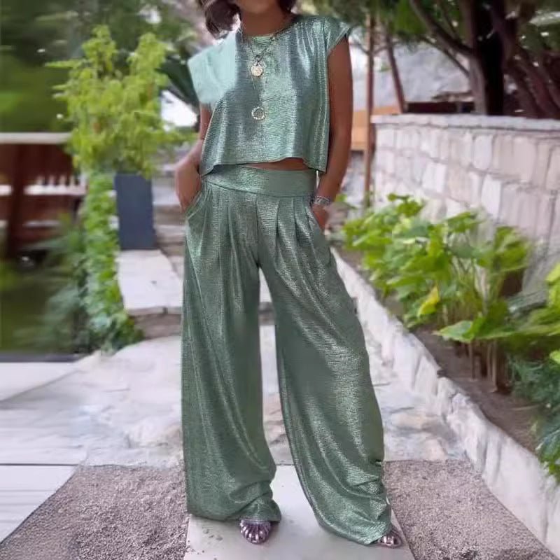 Chic Glossy Vest and Wide - Leg Pants Ensemble for Women - Aetheroza