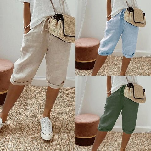 Women's Cotton and Linen Elastic Waist Pocket Pants - Aetheroza